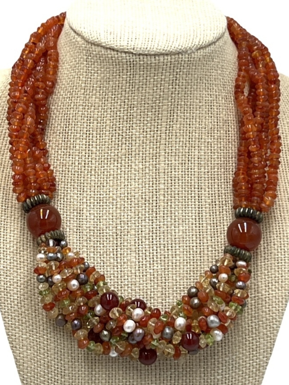 Vintage Brass Multi strand Gemstone necklace Heavy Chunky
